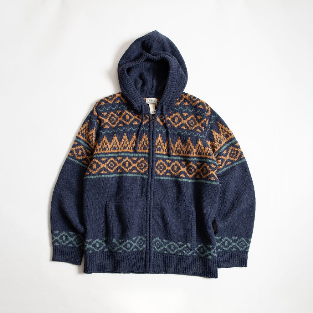 LL Bean Lamb's Wool Full Zip Fair Isle sweater Cardigan Hoodie XL